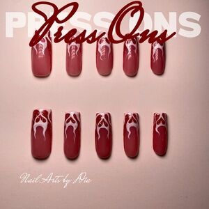 Red Press-On Nails with White Design
